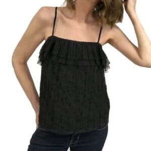 J.Crew Fluttery Lace Cami Sz XS $88 Black Tulle Mesh Top Ruffled Tank
